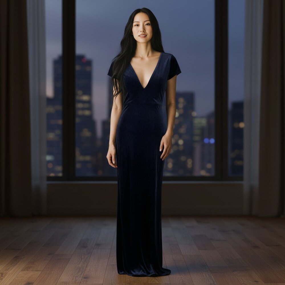 Lulus Feeling Flawless Navy Blue Velvet V-Neck Cap Sleeve Maxi Dress sz Small